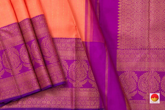 Peach Kanchipuram Silk Saree With Magenta Korvai Border Zari Butta Handwoven Pure Silk Pure Zari For Wedding Wear PV NYC 512 - Silk Sari - Panjavarnam