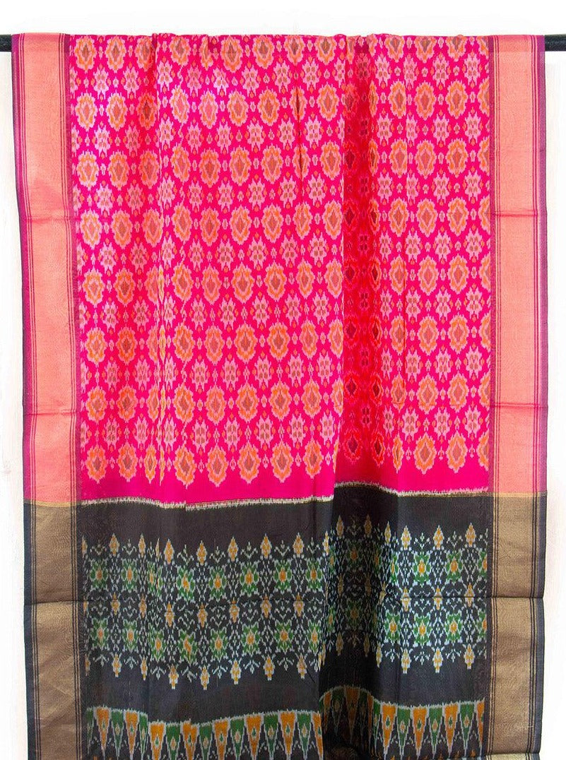 Pink And Black Pochampally Ikkat Silk Dupatta PVD 1024 - Dupattas - Panjavarnam PVD 1024