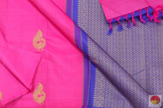 Pink & Blue Borderless Kanchipuram Silk Saree Handwoven Pure Silk Pure Zari For Festive WearPV G 4109 - Silk Sari - Panjavarnam PV G 4109