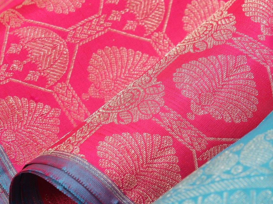 Pink And Blue Borderless Kanchipuram Silk Saree Handwoven Pure Silk Pure Zari For Wedding Wear PV G 4146 - Silk Sari - Panjavarnam PV G 4146