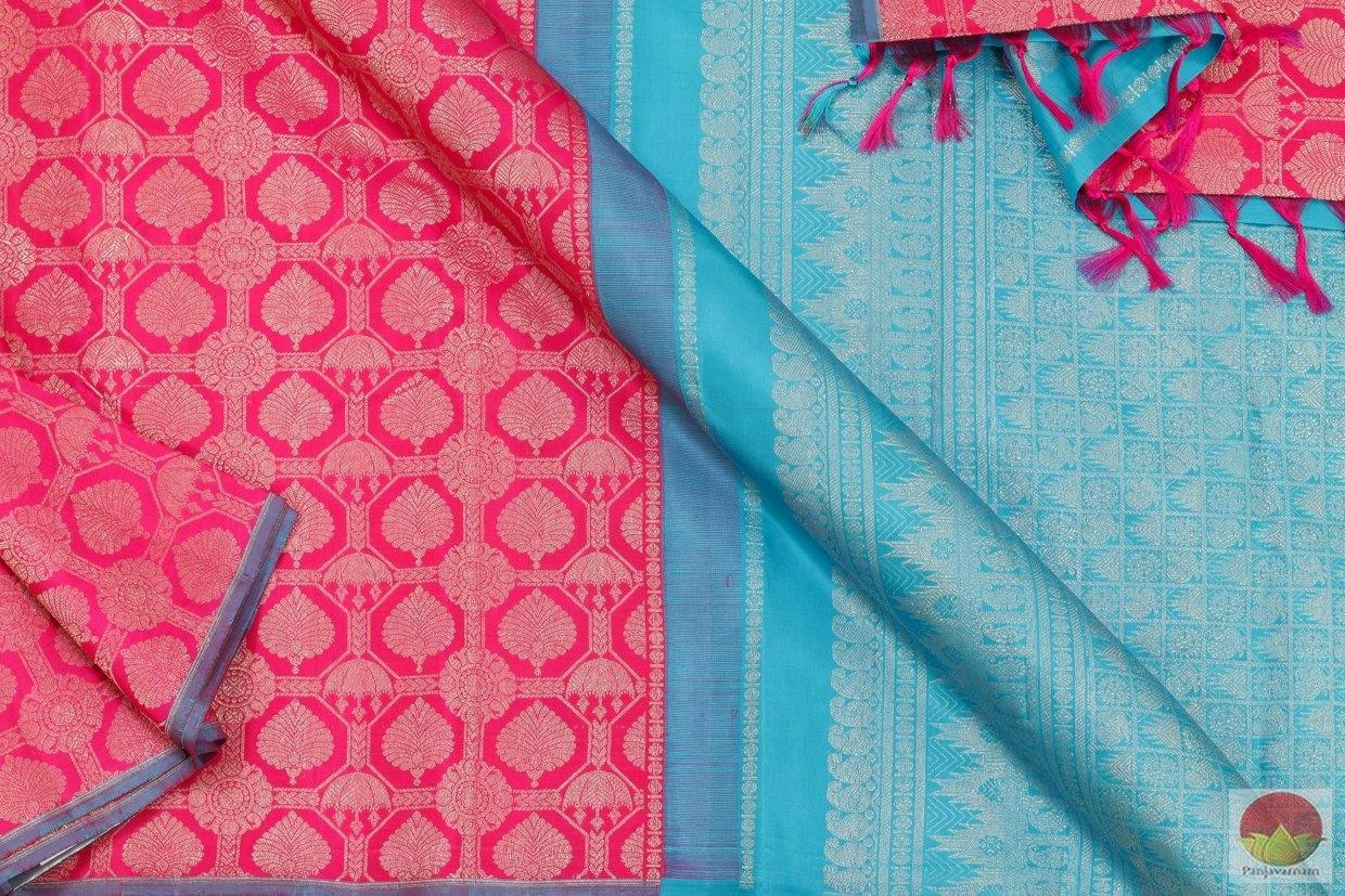 Pink And Blue Borderless Kanchipuram Silk Saree Handwoven Pure Silk Pure Zari For Wedding Wear PV G 4146 - Silk Sari - Panjavarnam PV G 4146