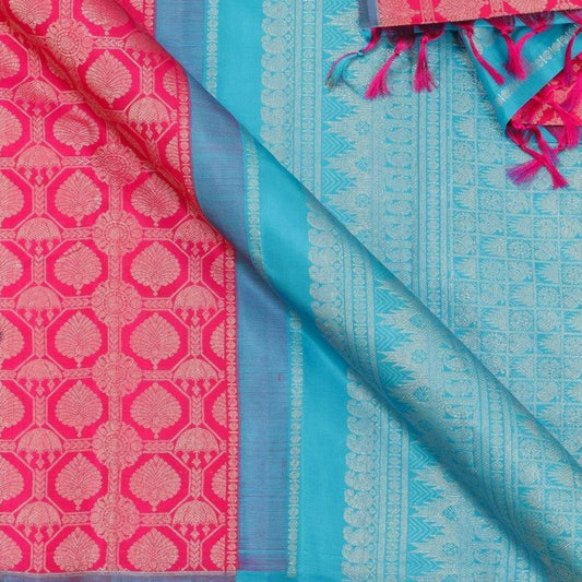 Pink And Blue Borderless Kanchipuram Silk Saree Handwoven Pure Silk Pure Zari For Wedding Wear PV G 4146 - Silk Sari - Panjavarnam PV G 4146