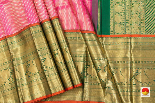 Pink And Green Kanchipuram Tissue Silk Saree Handwoven Pure Silk Pure Zari For Wedding Wear PV NYC 441 - Saris & Lehengas - Panjavarnam
