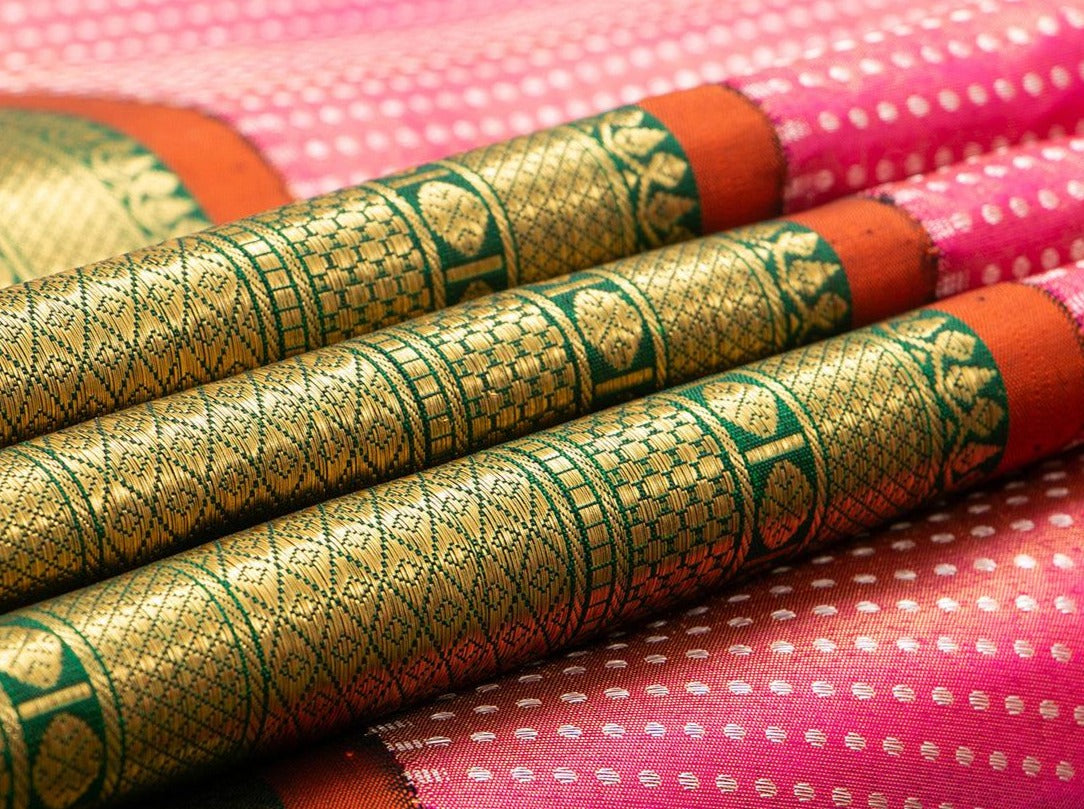 Pink And Green Kanchipuram Tissue Silk Saree Handwoven Pure Silk Pure Zari For Wedding Wear PV NYC 441 - Saris & Lehengas - Panjavarnam PV NYC 441