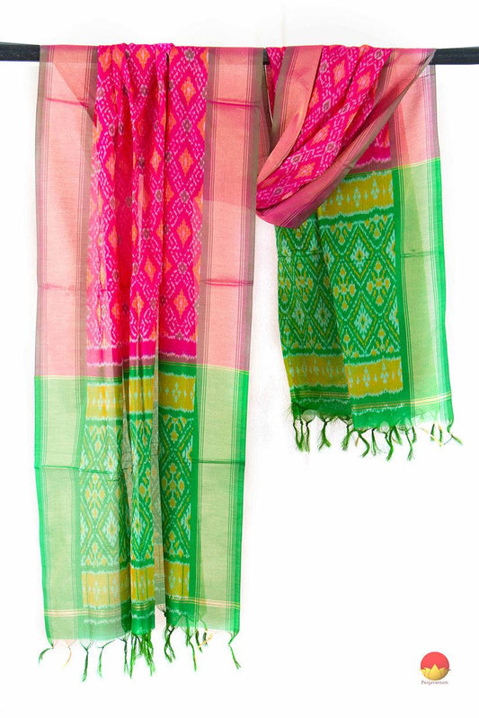 Pink And Green Pochampally Ikkat Silk Dupatta PVD 1022 - Dupattas - Panjavarnam