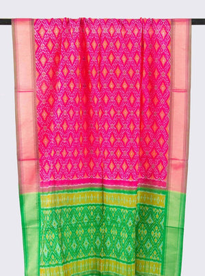 Pink And Green Pochampally Ikkat Silk Dupatta PVD 1022 - Dupattas - Panjavarnam PVD 1022