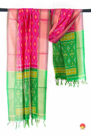 Pink And Green Pochampally Ikkat Silk Dupatta PVD 1022 - Dupattas - Panjavarnam PVD 1022
