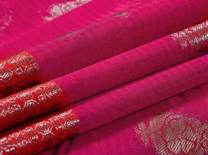 Pink And Orange Banarasi Silk Cotton Saree Handwoven With Antique Zari PSC 1184 - Silk Cotton - Panjavarnam PSC 1184