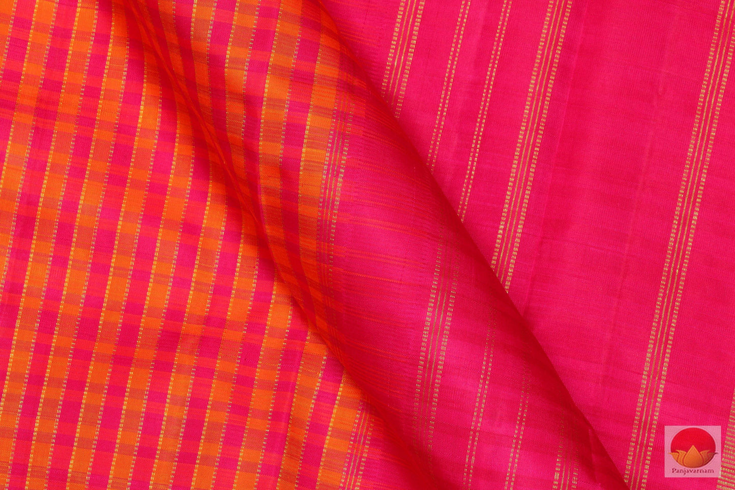 Pink & Orange Checks - Handwoven Pure Silk Kanjivaram Saree - Pure Zari - G 1917 Archives - Silk Sari - Panjavarnam