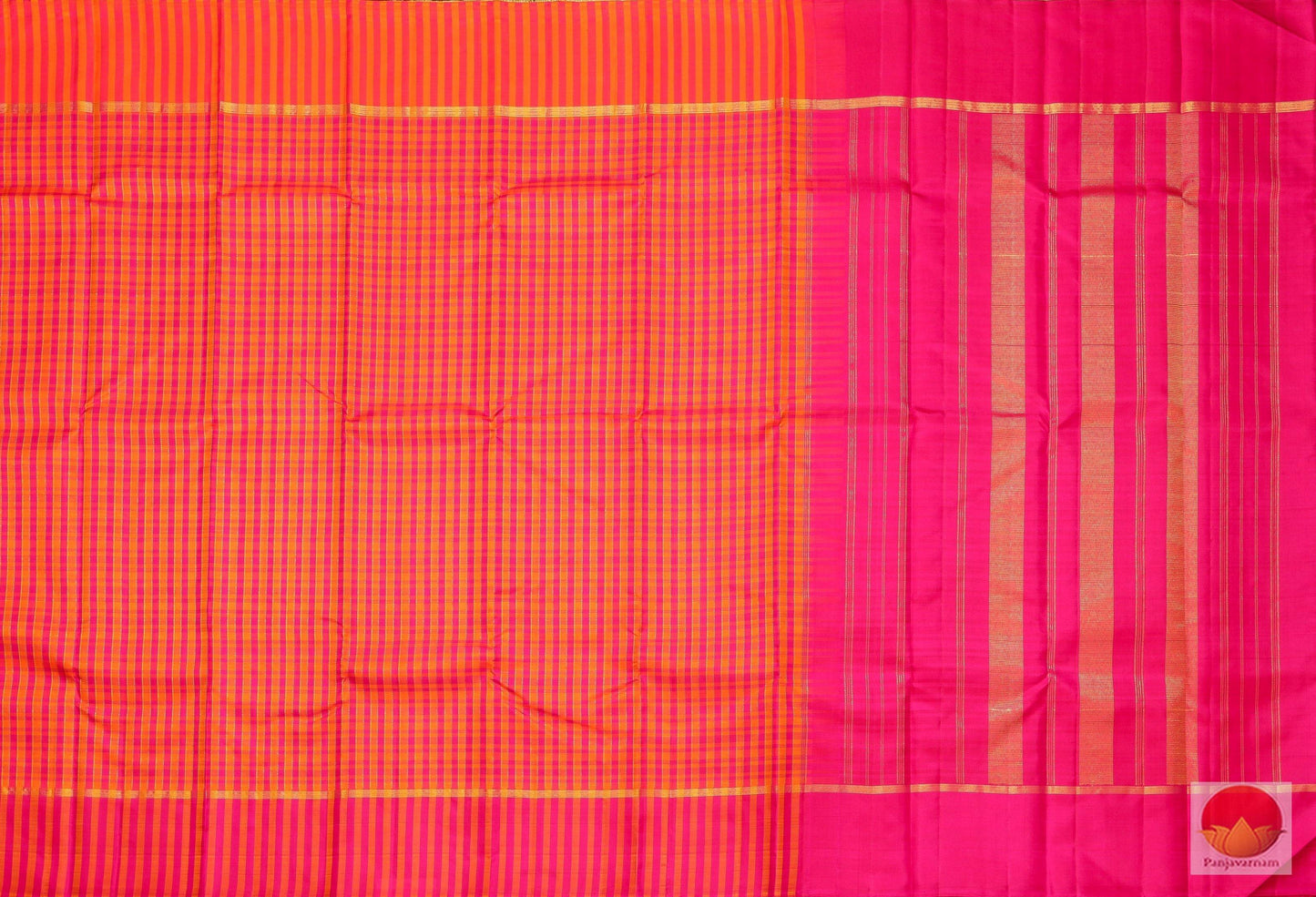 Pink & Orange Checks - Handwoven Pure Silk Kanjivaram Saree - Pure Zari - G 1917 Archives - Silk Sari - Panjavarnam