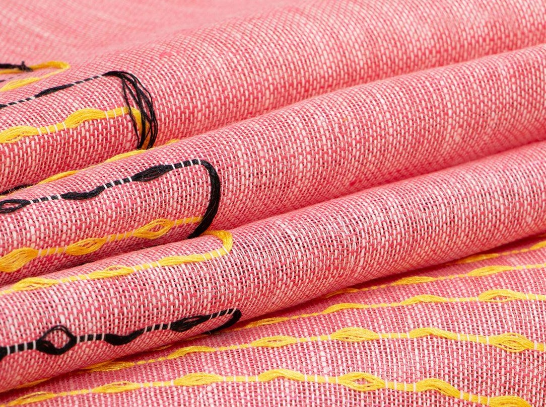 Pink And Orange Pure Linen Saree With Embroidery For Office Wear PL 1075 - Linen Sari - Panjavarnam