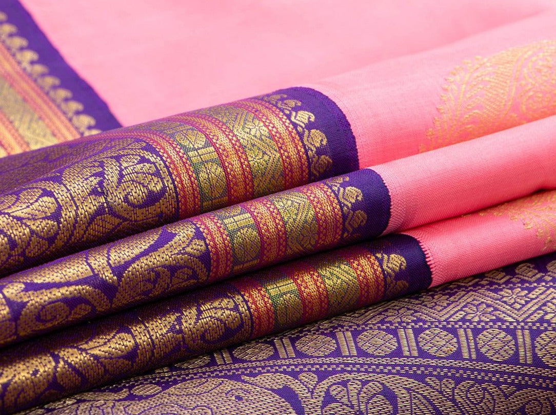 Pink And Violet Kanchipuram Silk Saree Handwoven Pure Silk Pure Zari For Wedding Wear PV NYC 351 - Silk Sari - Panjavarnam