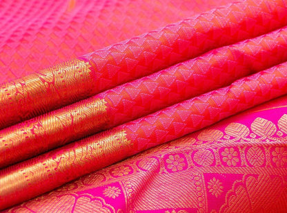 Pink Jacquard Kanchipuram Silk Saree Small Border Handwoven Pure Silk Pure Zari For Festive Wear PV NYC 473 - Silk Sari - Panjavarnam PV NYC 473