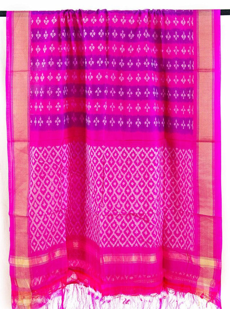 Pink Pochampally Ikkat Silk Dupatta Geometric PVD 1001 - Dupattas - Panjavarnam PVD 1001