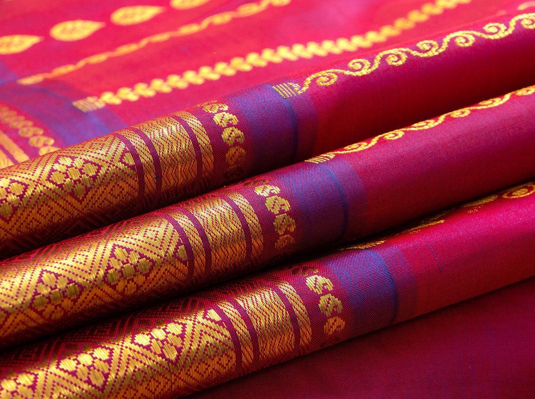 Pink Thirubuvanam Silk Saree With Purple Border Handwoven Pure Silk PV TVS 28 - Thirubuvanam Silks - Panjavarnam PV TVS 28