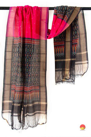 Rani Pink And Black Pochampally Ikkat Silk Dupatta PVD 1034 - Dupattas - Panjavarnam PVD 1034