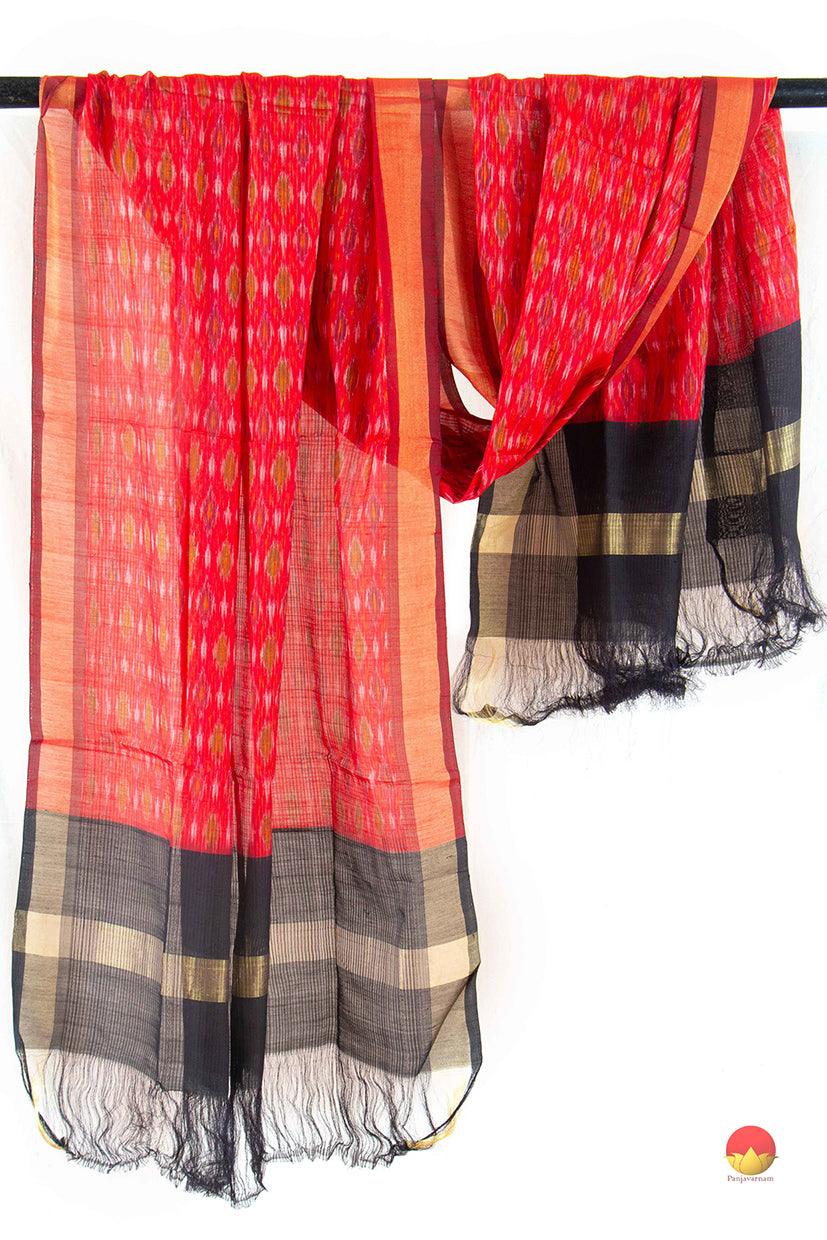 Red And Black Pochampally Ikkat Silk Dupatta With Zari Border PVD 1023 - Dupattas - Panjavarnam PVD 1023