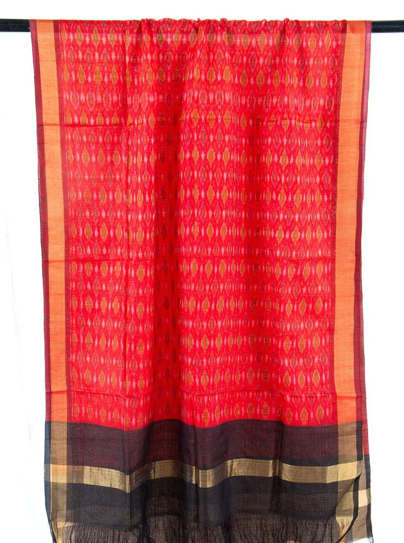 Red And Black Pochampally Ikkat Silk Dupatta With Zari Border PVD 1023 - Dupattas - Panjavarnam PVD 1023