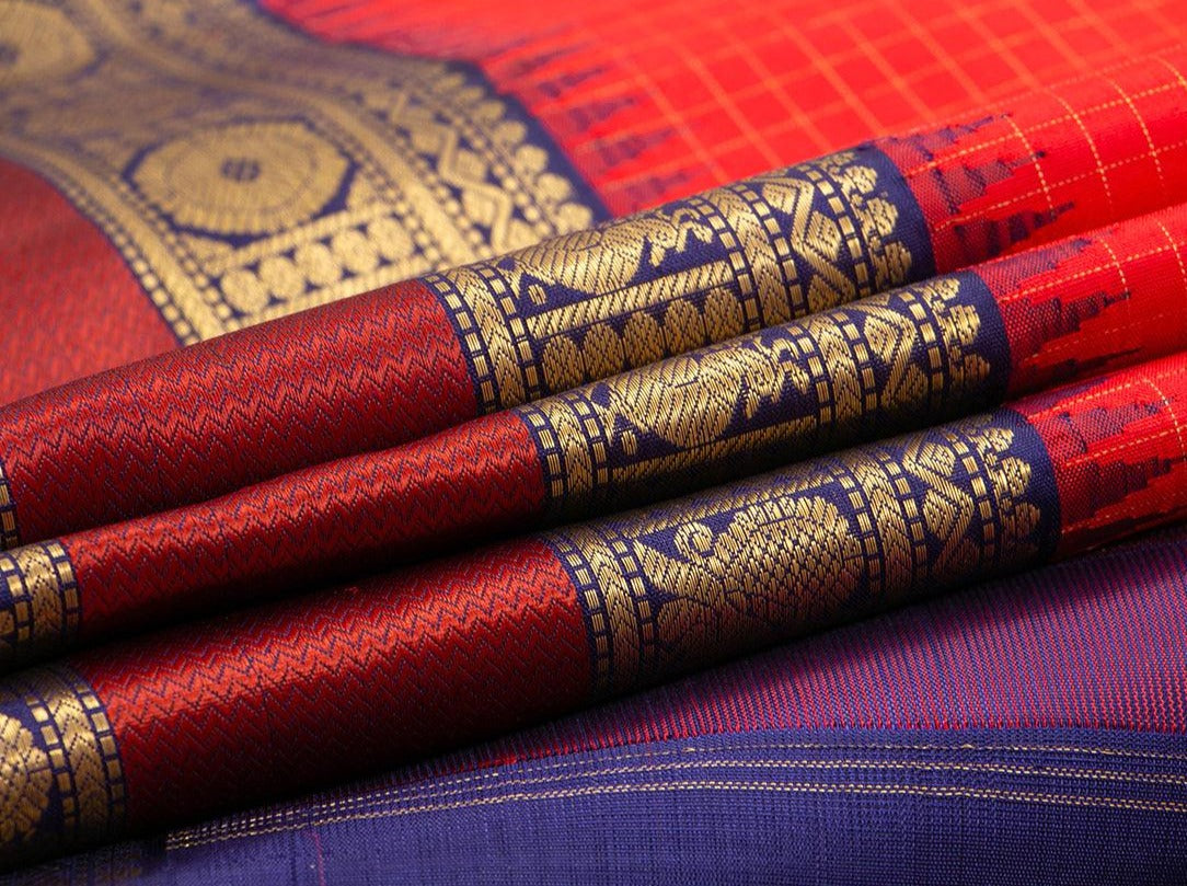 Red And Blue Kanchipuram Silk Saree Handwoven Pure Silk Pure Zari For Wedding Wear PV NYC 405 - Silk Sari - Panjavarnam