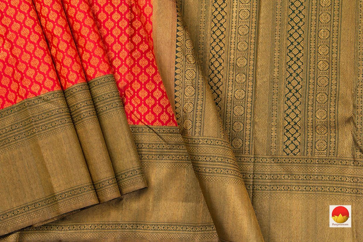 Red And Green Kanchipuram Silk Saree Handwoven Pure Silk Pure Zari For Wedding Wear PV NYC 420 - Silk Sari - Panjavarnam