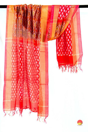 Red And Pink Pochampally Ikkat Silk Dupatta With Geometric Patterns PVD 1007 - Dupattas - Panjavarnam PVD 1007