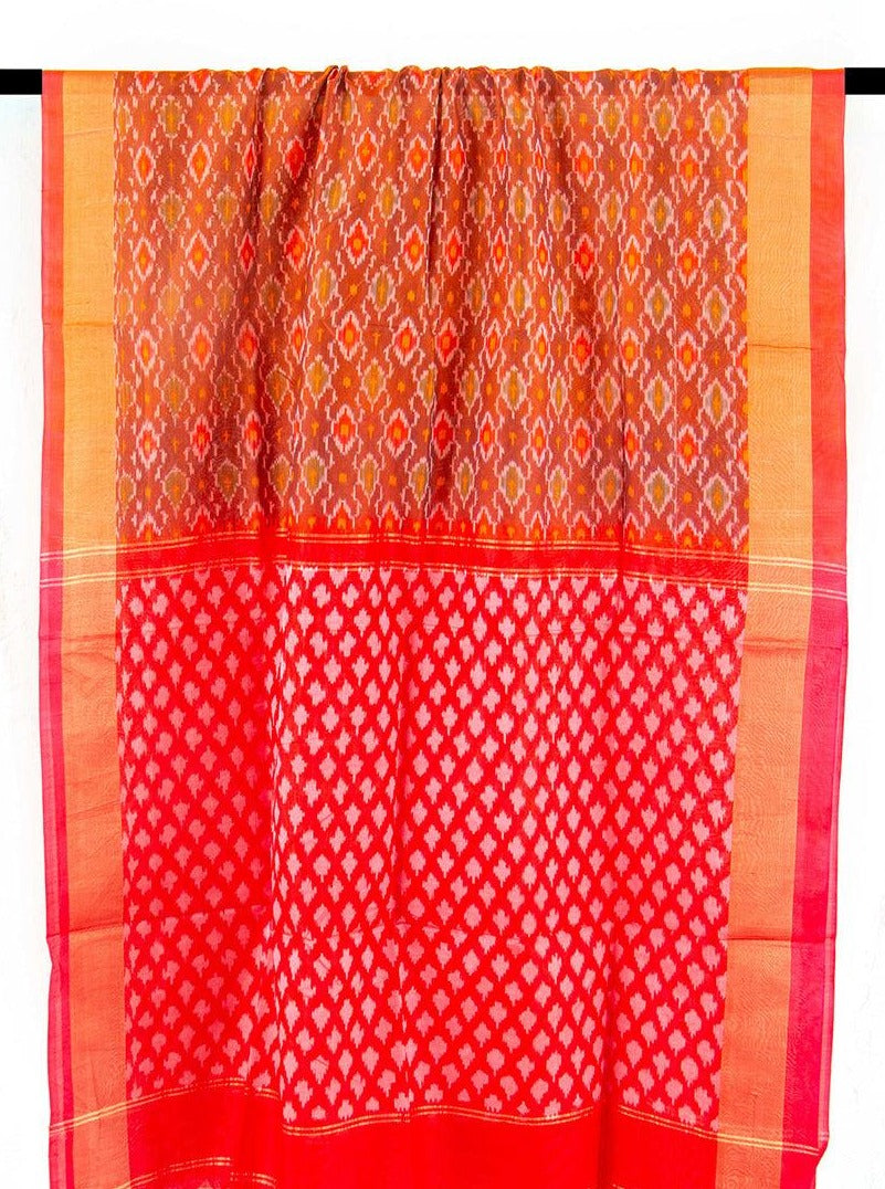 Red And Pink Pochampally Ikkat Silk Dupatta With Geometric Patterns PVD 1007 - Dupattas - Panjavarnam PVD 1007