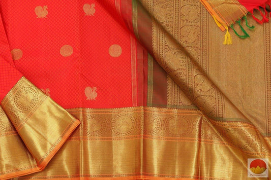 Red Jacquard Kanchipuram Silk Saree Handwoven Pure Silk Pure Zari For Wedding Wear PV G 4119 - Silk Sari - Panjavarnam
