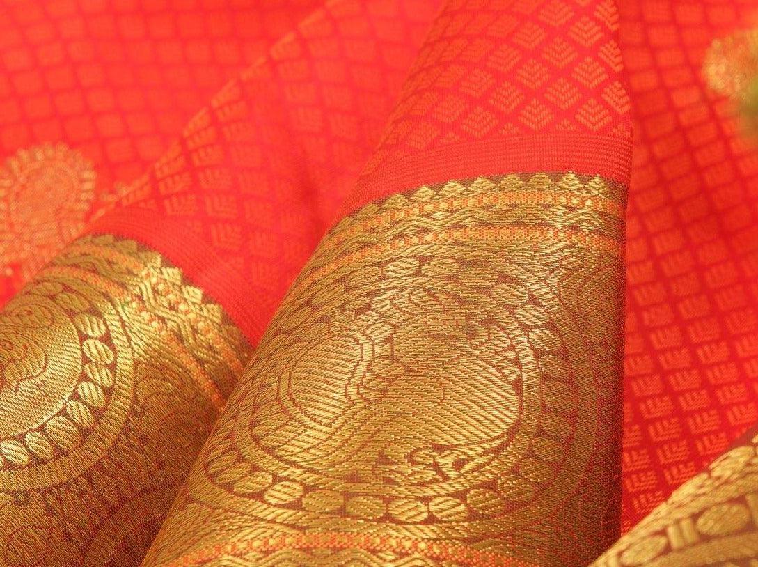 Red Jacquard Kanchipuram Silk Saree Handwoven Pure Silk Pure Zari For Wedding Wear PV G 4119 - Silk Sari - Panjavarnam PV G 4119