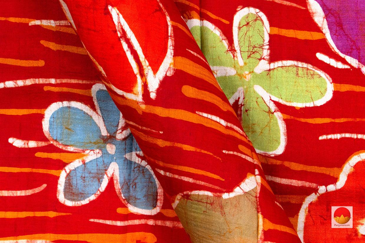 Red Light Weight Batik Silk Saree With Floral Designs Handwoven Pure Silk PB 281 - Batik Silk - Panjavarnam