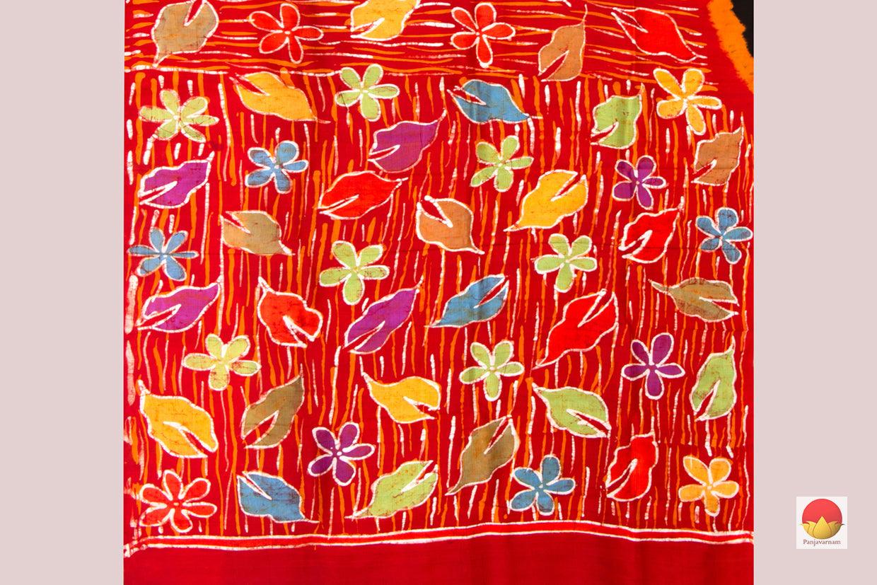 Red Light Weight Batik Silk Saree With Floral Designs Handwoven Pure Silk PB 281 - Batik Silk - Panjavarnam