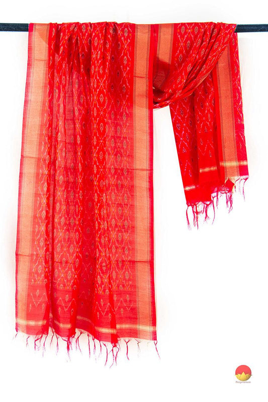 Red Pochampally Ikkat Silk Dupatta Geometric Patterns PVD 1010 - Dupattas - Panjavarnam