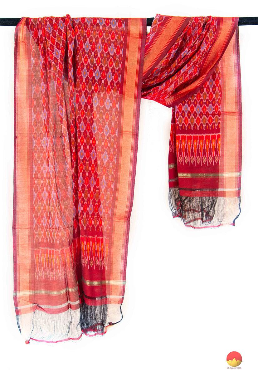 Red Pochampally Ikkat Silk Dupatta PVD 1058 - Dupattas - Panjavarnam PVD 1058