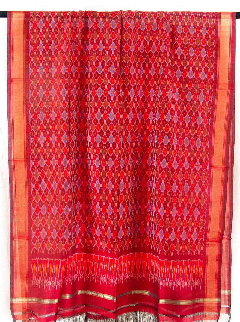 Red Pochampally Ikkat Silk Dupatta PVD 1058 - Dupattas - Panjavarnam PVD 1058