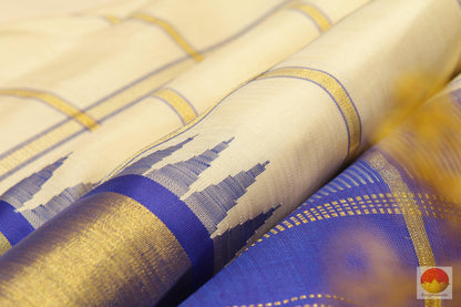 Royal Blue & Beige - Temple Border - Handwoven Pure Silk Kanjivaram Saree - Pure Zari - PV G 1913 - Archives - Silk Sari - Panjavarnam