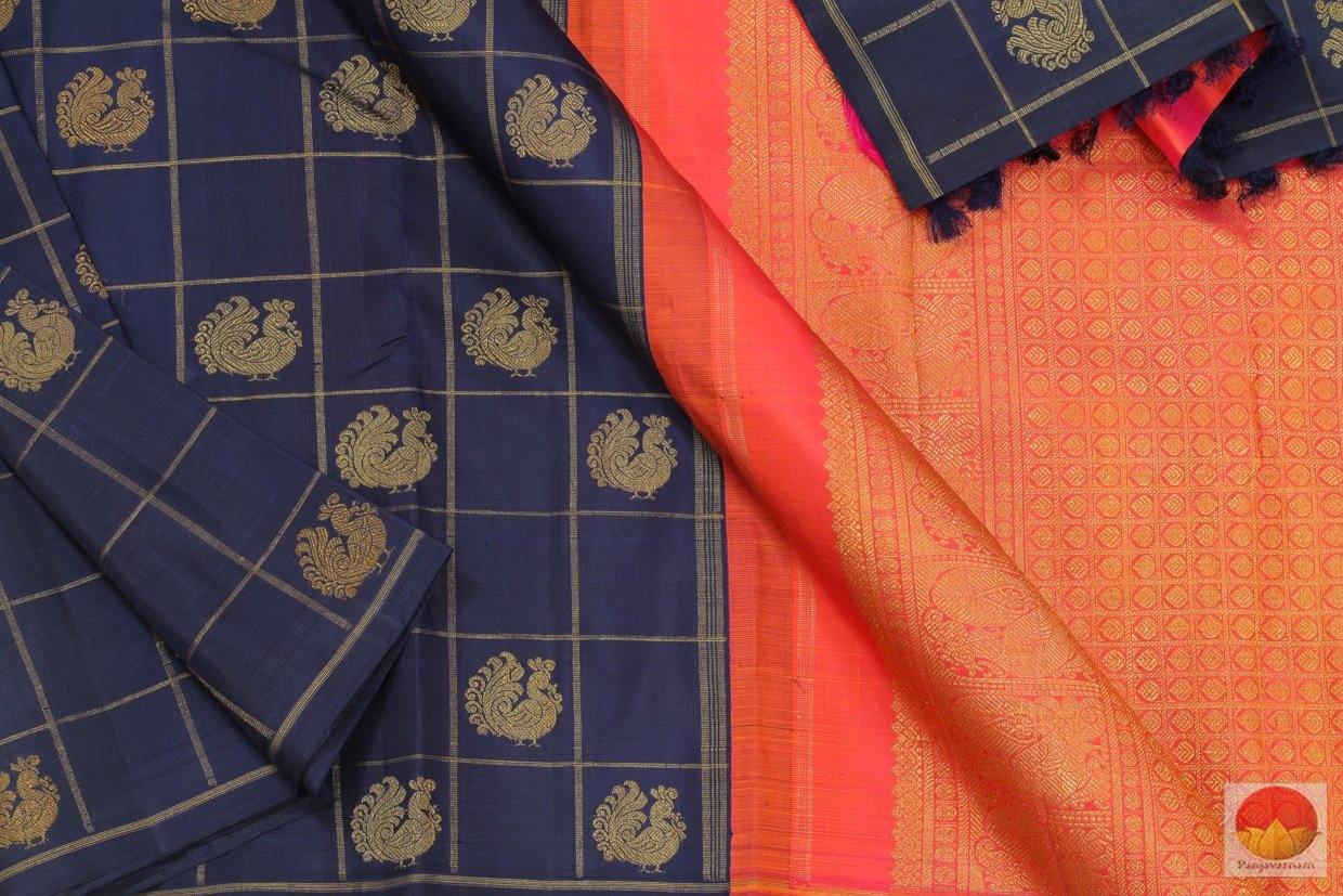Royal Blue & Peach - Handwoven Pure Silk Kanchipuram Saree - Pure Zari - PV G 4224 - Archives - Silk Sari - Panjavarnam