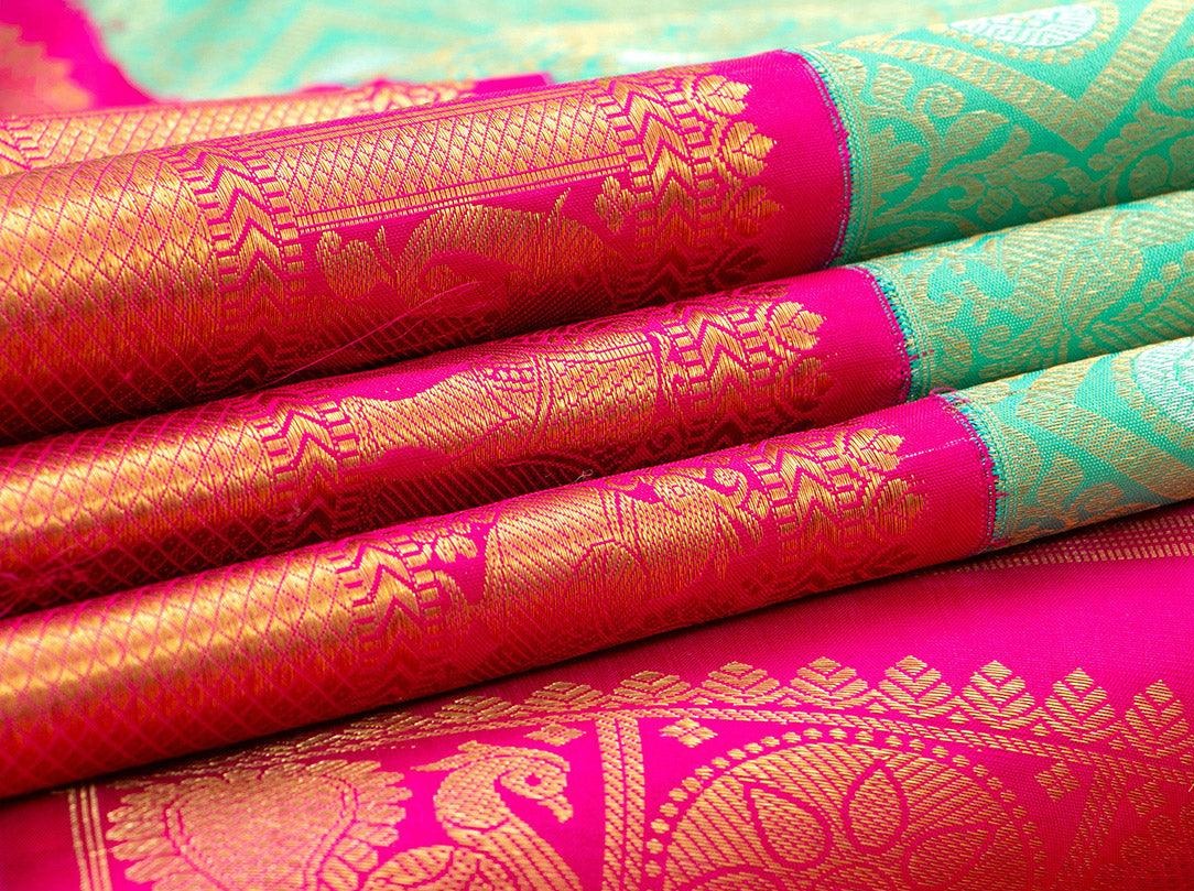 Sea Green And Pink Kanchipuram Silk Saree Handwoven Pure Silk Pure Zari For Wedding Wear PV NYC 412 - Silk Sari - Panjavarnam