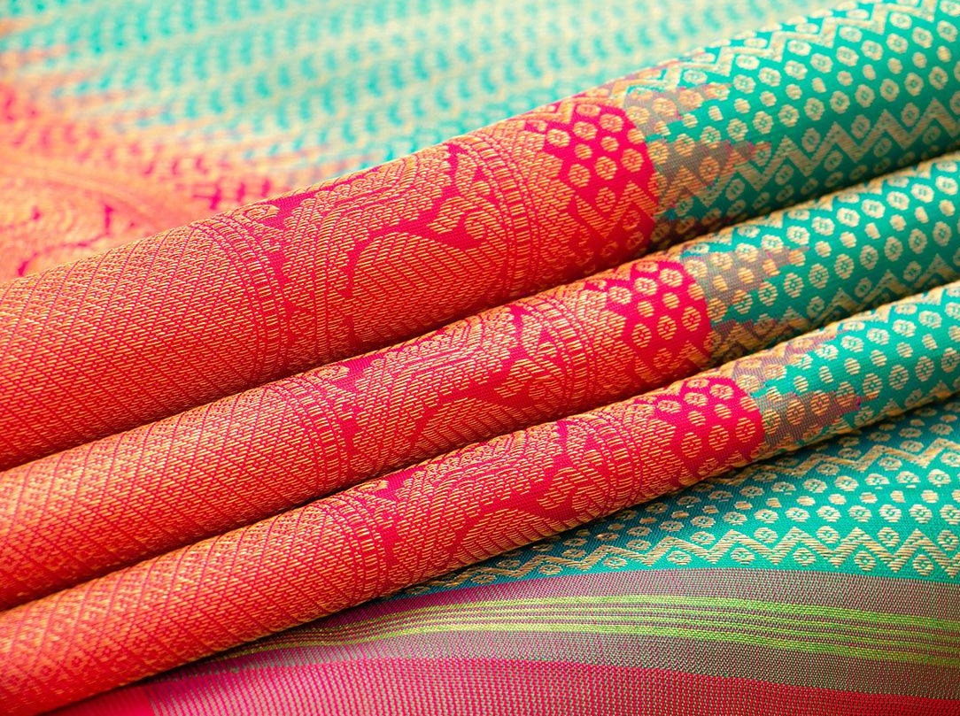 Sea Green And Pink Kanchipuram Silk Saree Korvai Contrast Border Handwoven Pure Silk Pure Zari For Wedding Wear PV NYC 444 - Silk Sari - Panjavarnam