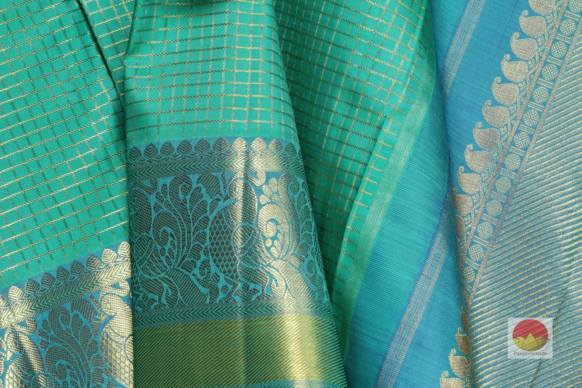Teal and Blue Traditional Design Handwoven Kanjivaram Pure Silk Saree - Pure Zari - PA SVS MM - Silk Sari - Panjavarnam