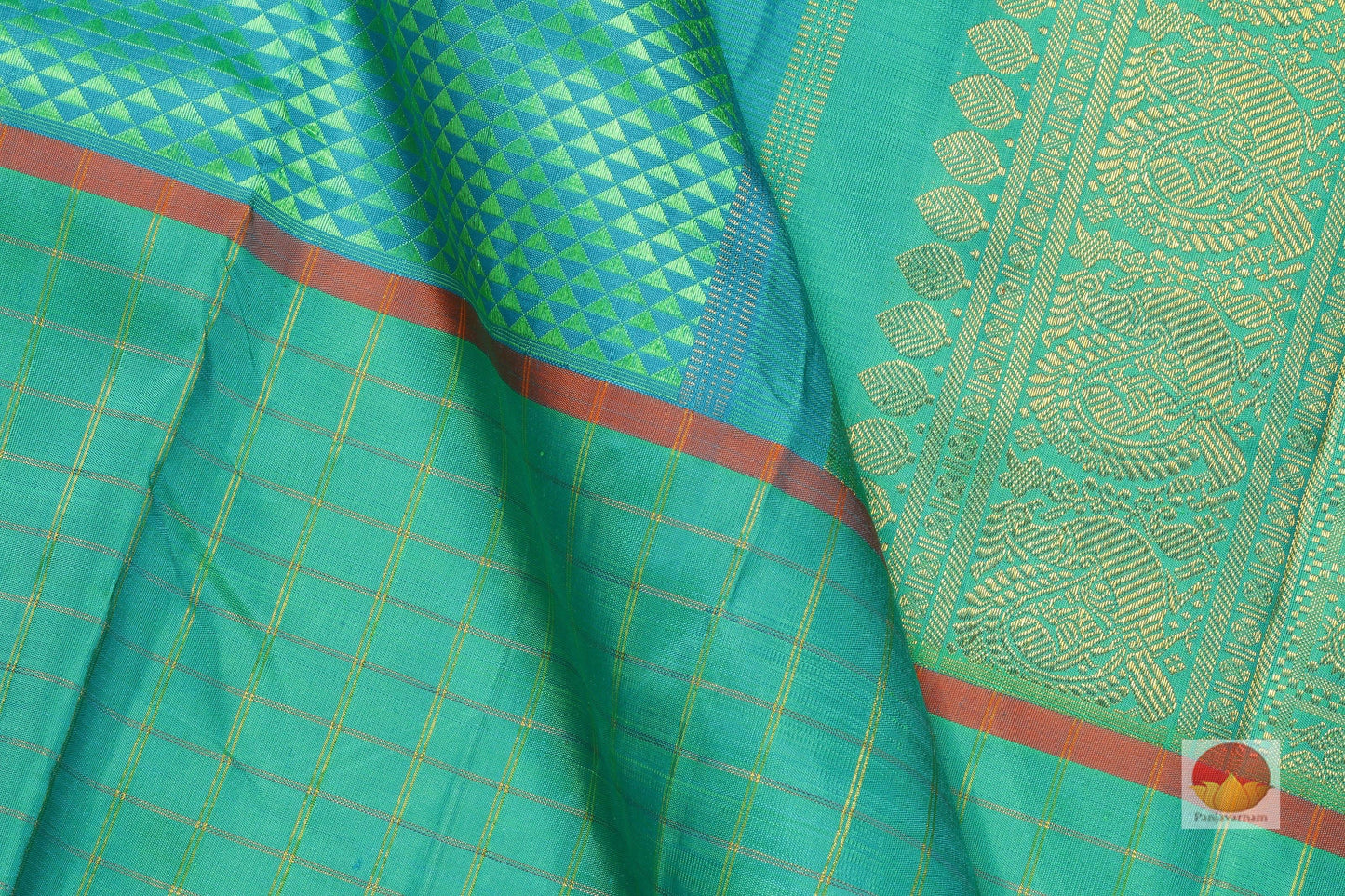 Teal and Green - Arai Maadam Design - Handwoven Pure Silk Kanjivaram Saree - PV322 - Archives - Silk Sari - Panjavarnam