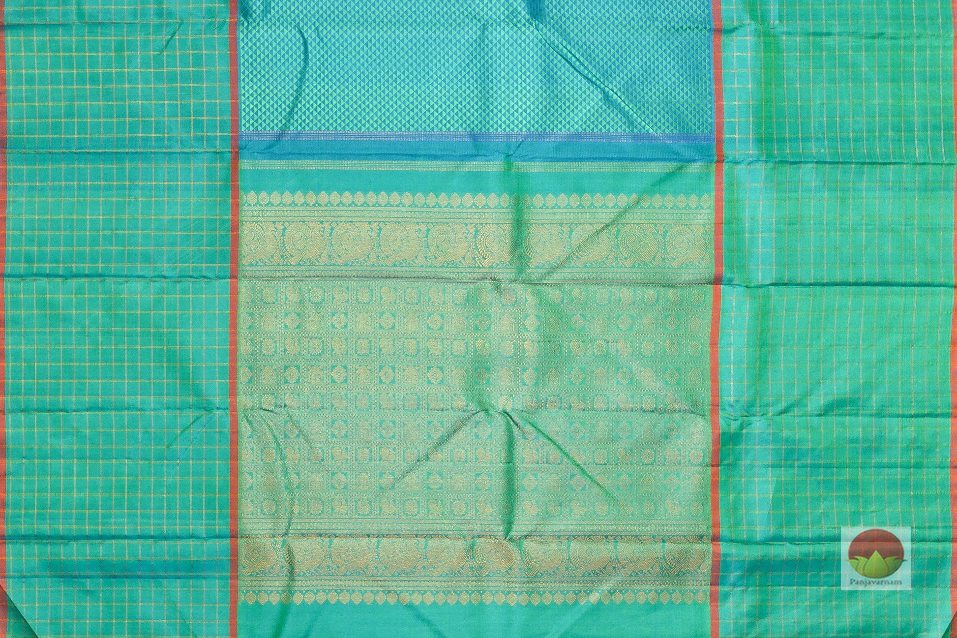 Teal and Green - Arai Maadam Design - Handwoven Pure Silk Kanjivaram Saree - PV322 - Archives - Silk Sari - Panjavarnam