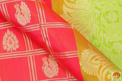 Tomato Red & Green - Handwoven Pure Silk Kanjivaram Saree - Pure Zari - PV SVS 2060 Archives - Silk Sari - Panjavarnam
