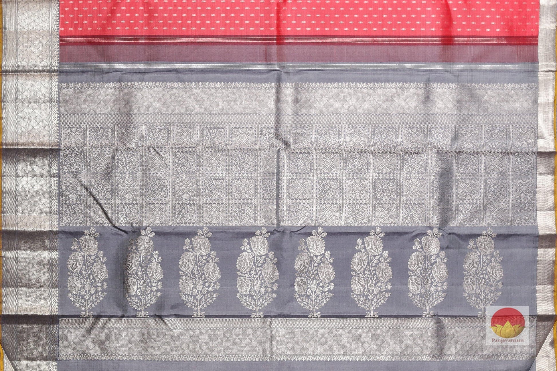 Tomato Red and Grey - Traditional Design Handwoven Pure Silk Kanjivaram Saree - Pure Zari - PVVK 106962 Archives - Silk Sari - Panjavarnam