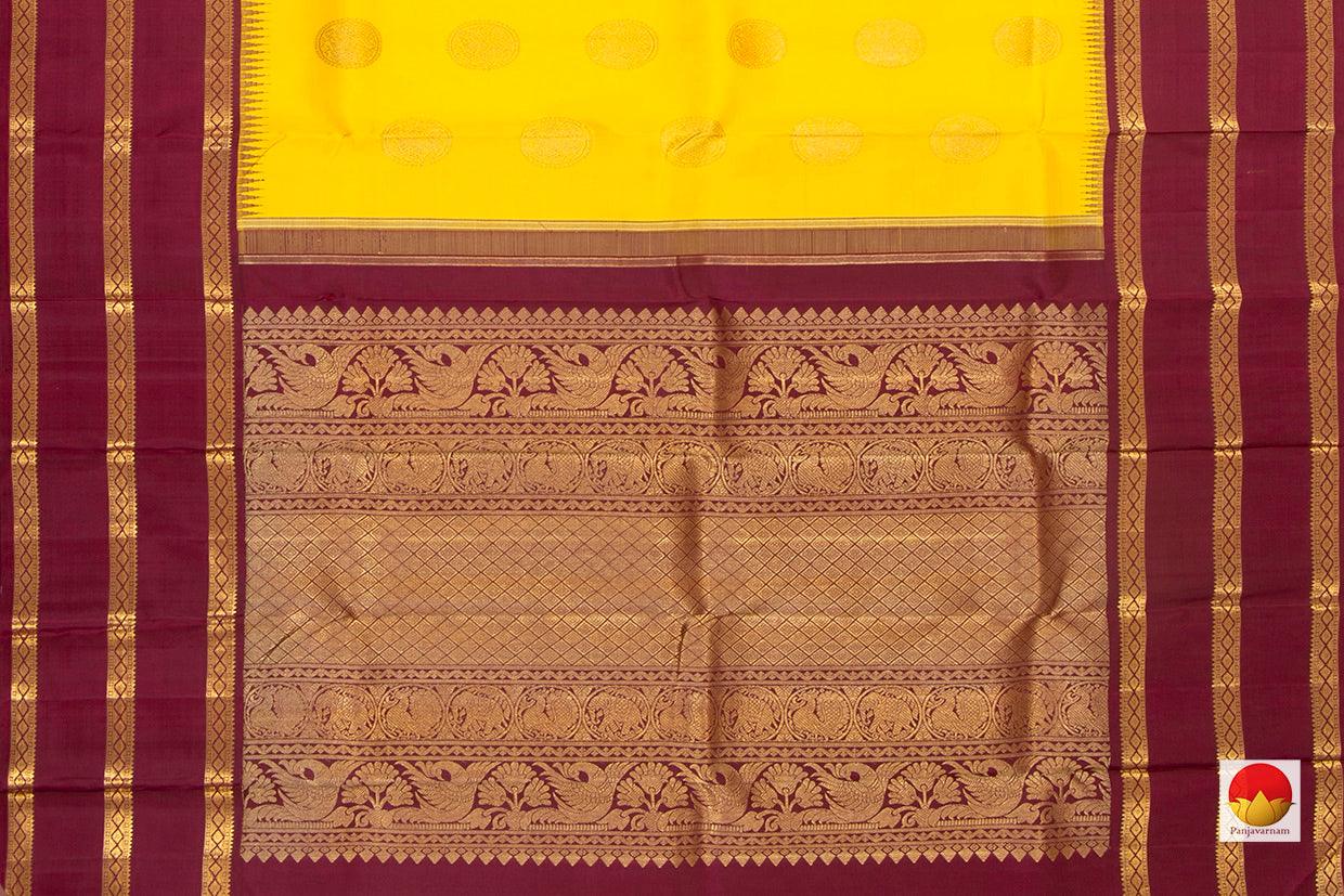 Turmeric Yellow And Maroon Kanchipuram Silk Saree Handwoven Pure Silk Pure Zari For Festive Wear PV NYC 476 - Silk Sari - Panjavarnam