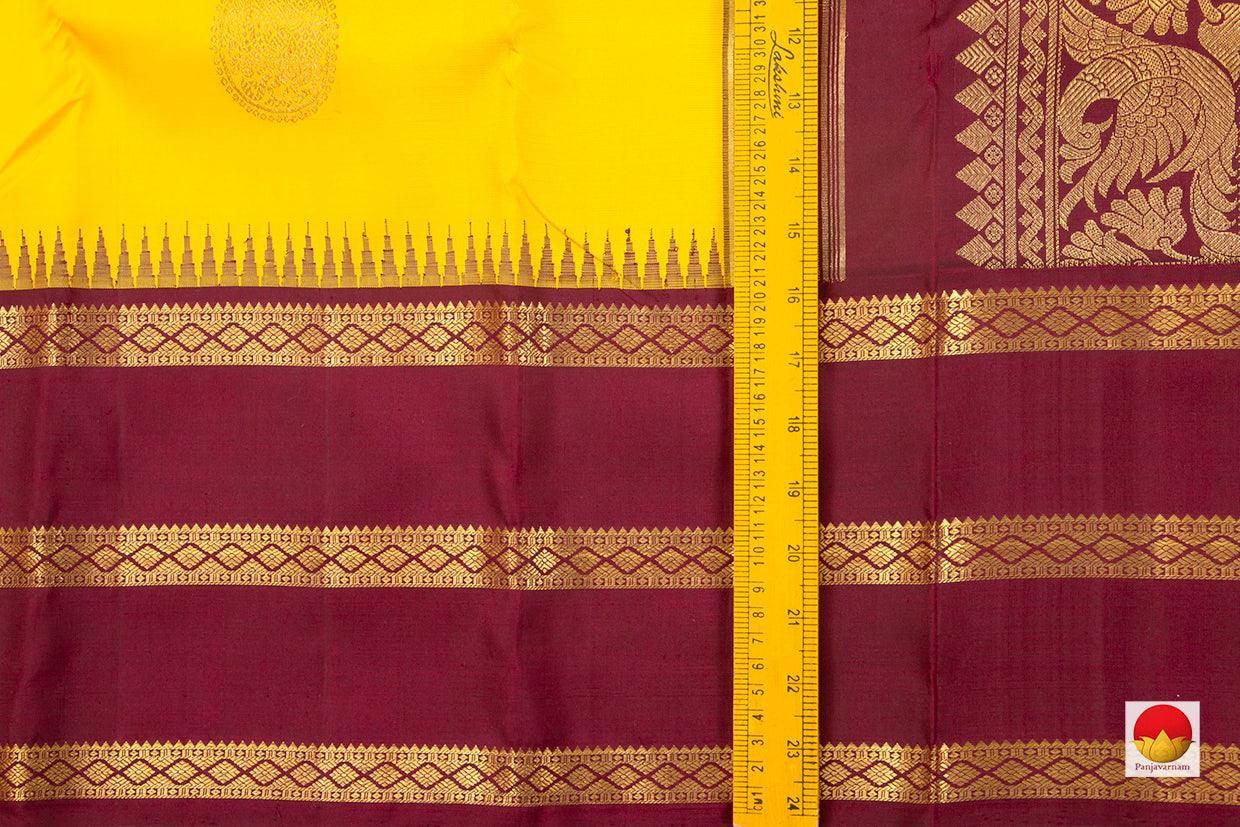 Turmeric Yellow And Maroon Kanchipuram Silk Saree Handwoven Pure Silk Pure Zari For Festive Wear PV NYC 476 - Silk Sari - Panjavarnam
