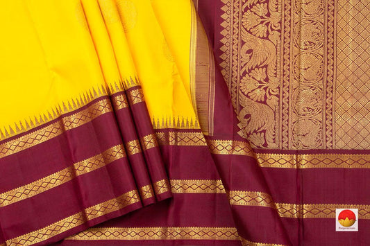 Turmeric Yellow And Maroon Kanchipuram Silk Saree Handwoven Pure Silk Pure Zari For Festive Wear PV NYC 476 - Silk Sari - Panjavarnam PV NYC 476
