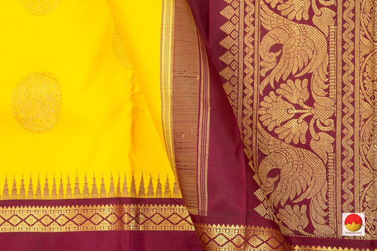 Turmeric Yellow And Maroon Kanchipuram Silk Saree Handwoven Pure Silk Pure Zari For Festive Wear PV NYC 476 - Silk Sari - Panjavarnam PV NYC 476