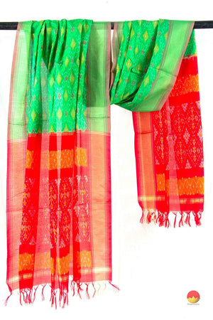 Turquoise And Red Pochampally Ikkat Silk Dupatta PVD 1054 - Dupattas - Panjavarnam PVD 1054