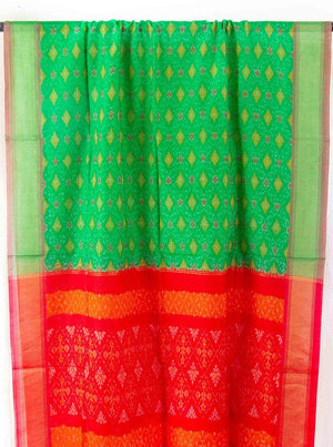 Turquoise And Red Pochampally Ikkat Silk Dupatta PVD 1054 - Dupattas - Panjavarnam PVD 1054