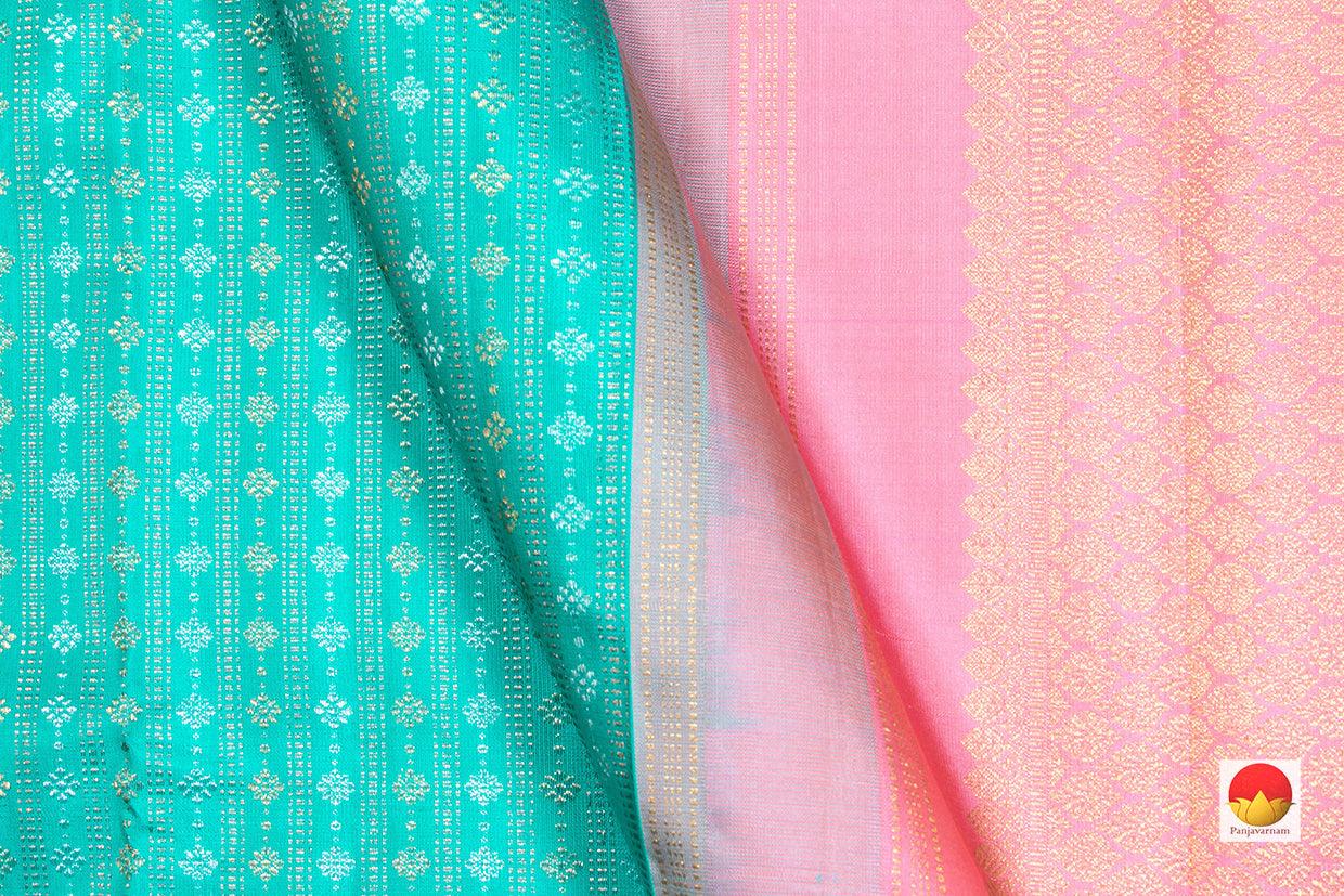 Turquoise Blue And Pastel Pink Borderless Kanchipuram SIlk Saree Handwoven Pure Silk Pure Zari PV NYC 252 - Silk Sari - Panjavarnam