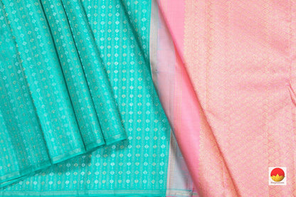 Turquoise Blue And Pastel Pink Borderless Kanchipuram SIlk Saree Handwoven Pure Silk Pure Zari PV NYC 252 - Silk Sari - Panjavarnam PV NYC 252